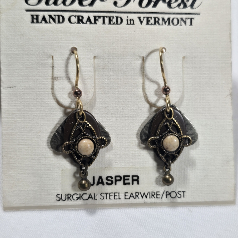 Silver Forest Jasper Stone Natural Dangle Earrings Hand Crafted USA - NEW